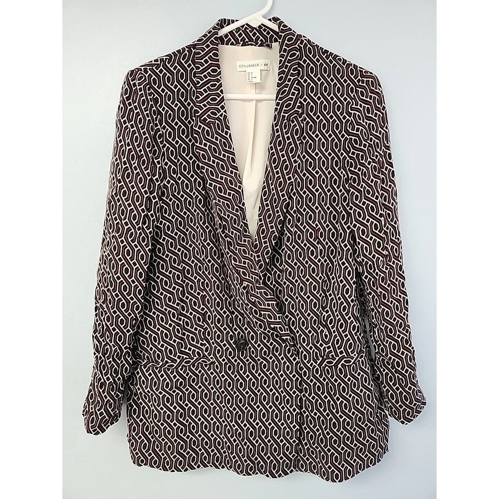GP & J Baker X H&M Womens Sz 6 Red Ivory‎ Black Geometric Blazer Jacket Collab